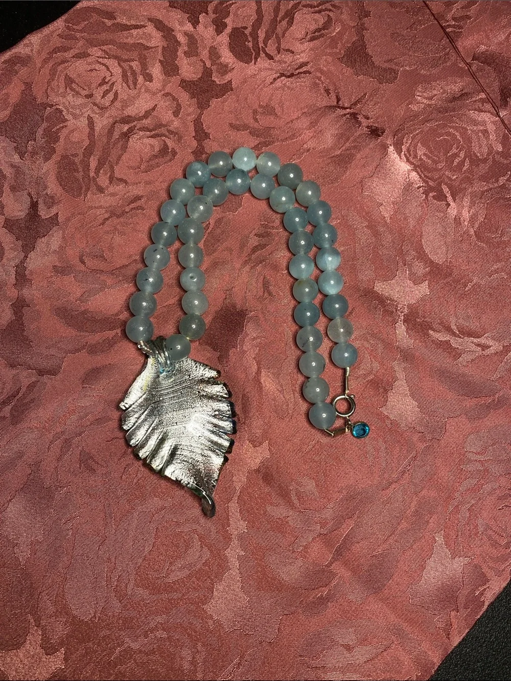 Blue Beaded Necklace with Dichroic Glass Leaf Pendant